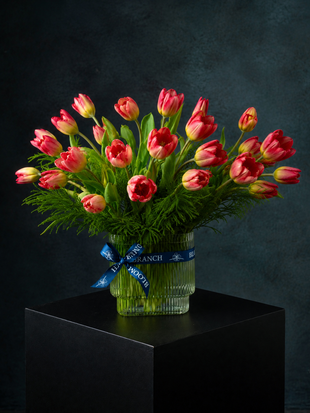 Twenty Tulips in Ribbed Glass Vase | Premium Tulip Arrangement Sydney