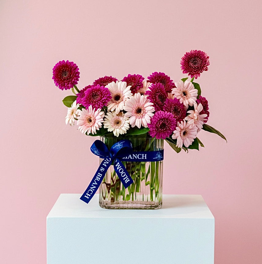 Pink Harmony Gerbera in Ripple Glass Vase