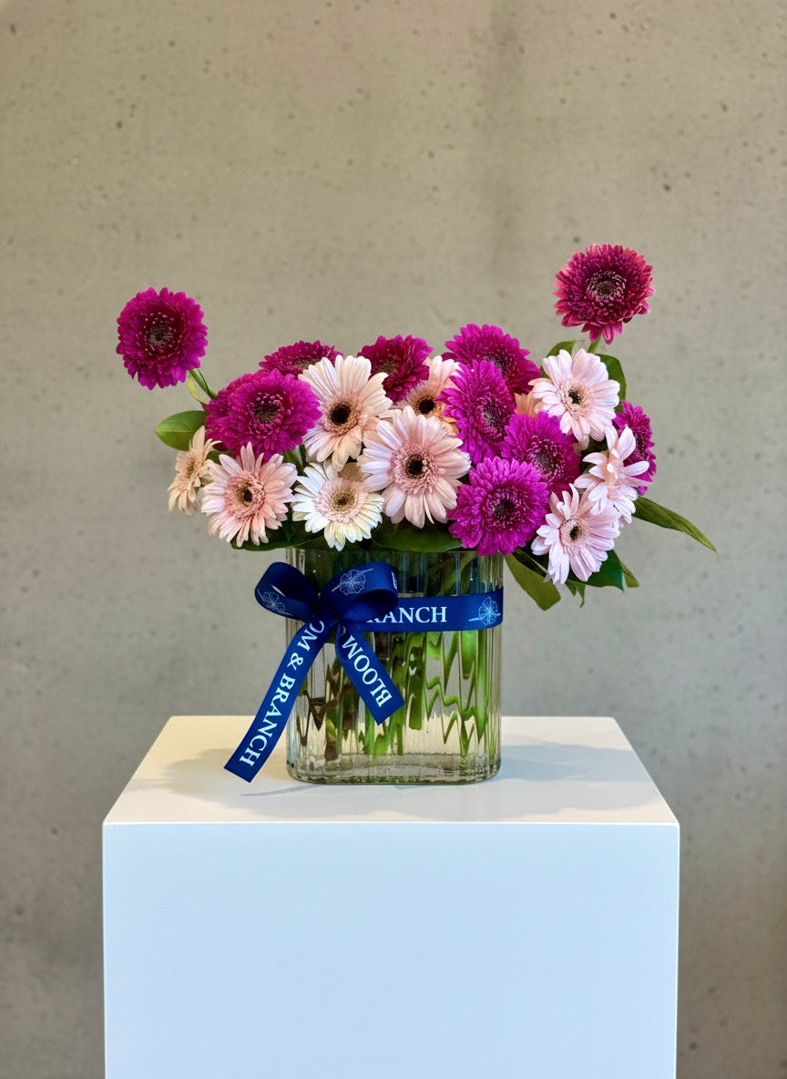 Pink Harmony Gerbera in Ripple Glass Vase
