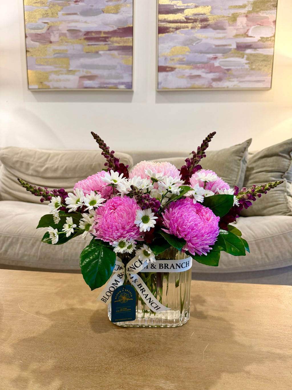 Pink Blossom in Ribbed Glass Vase